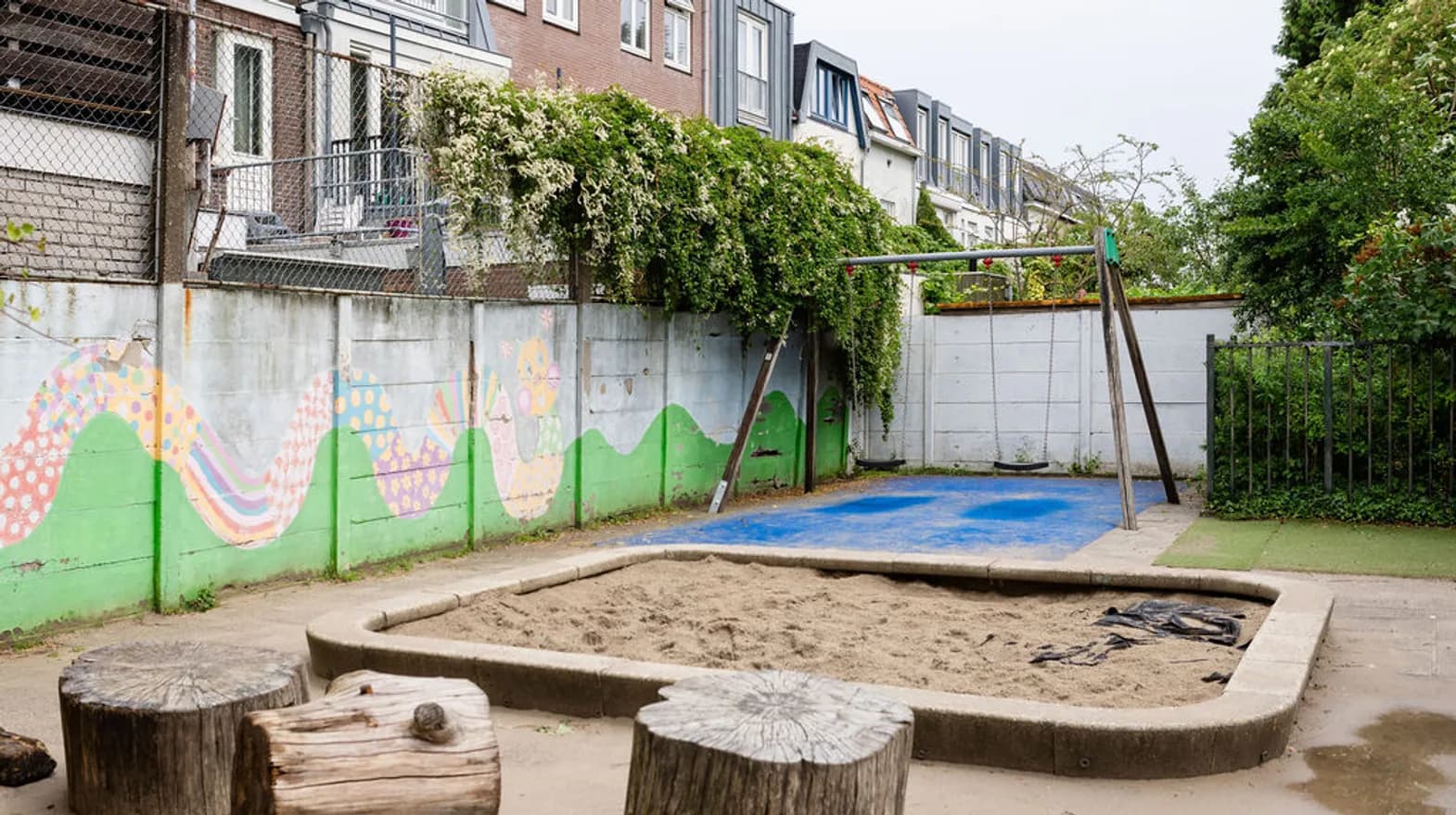 Het buitenspeelplein met zandbak en schommels van buitenschoolse opvang Dwars, kinderopvang Kind&co ludens