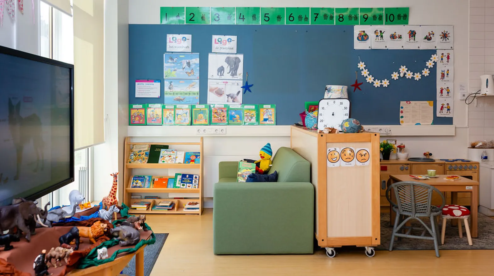 De groepsruimte met leeshoek, keukenhoek en themahoek van peuteropvang de Olijfboom, kinderopvang Kind&co Ludens