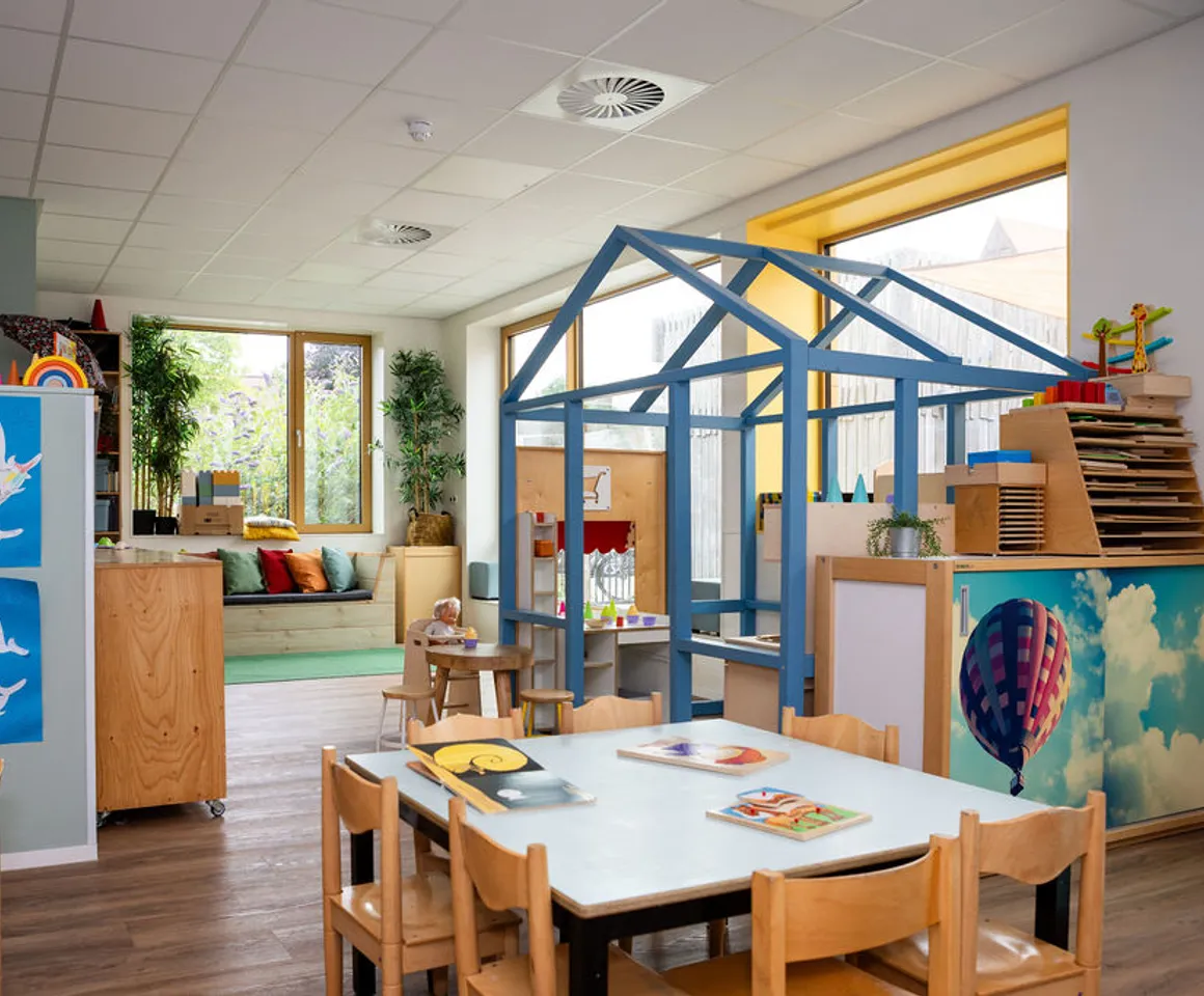 De groepsruimte met verschillende speelhoeken bij buitenschoolse opvang Luchtballon bij kinderopvang Kind&co Ludens