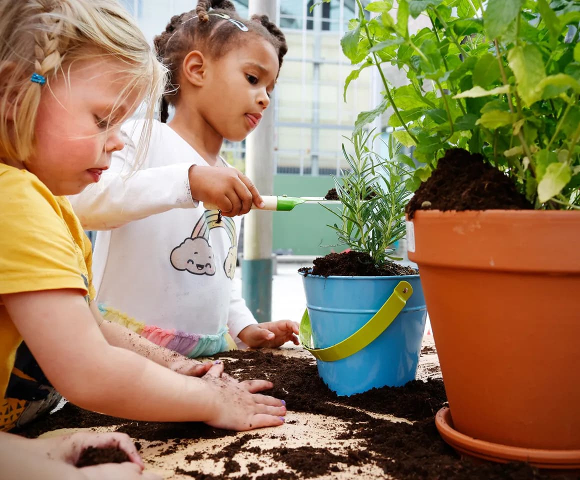 Kinderen van de peutergroep tuinieren in de moestuin bij kinderopvang Kind&co ludens