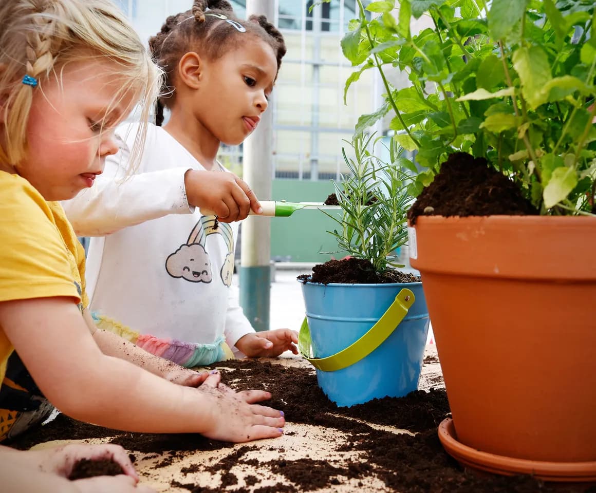 Kinderen van de peutergroep tuinieren in de moestuin bij kinderopvang Kind&co ludens
