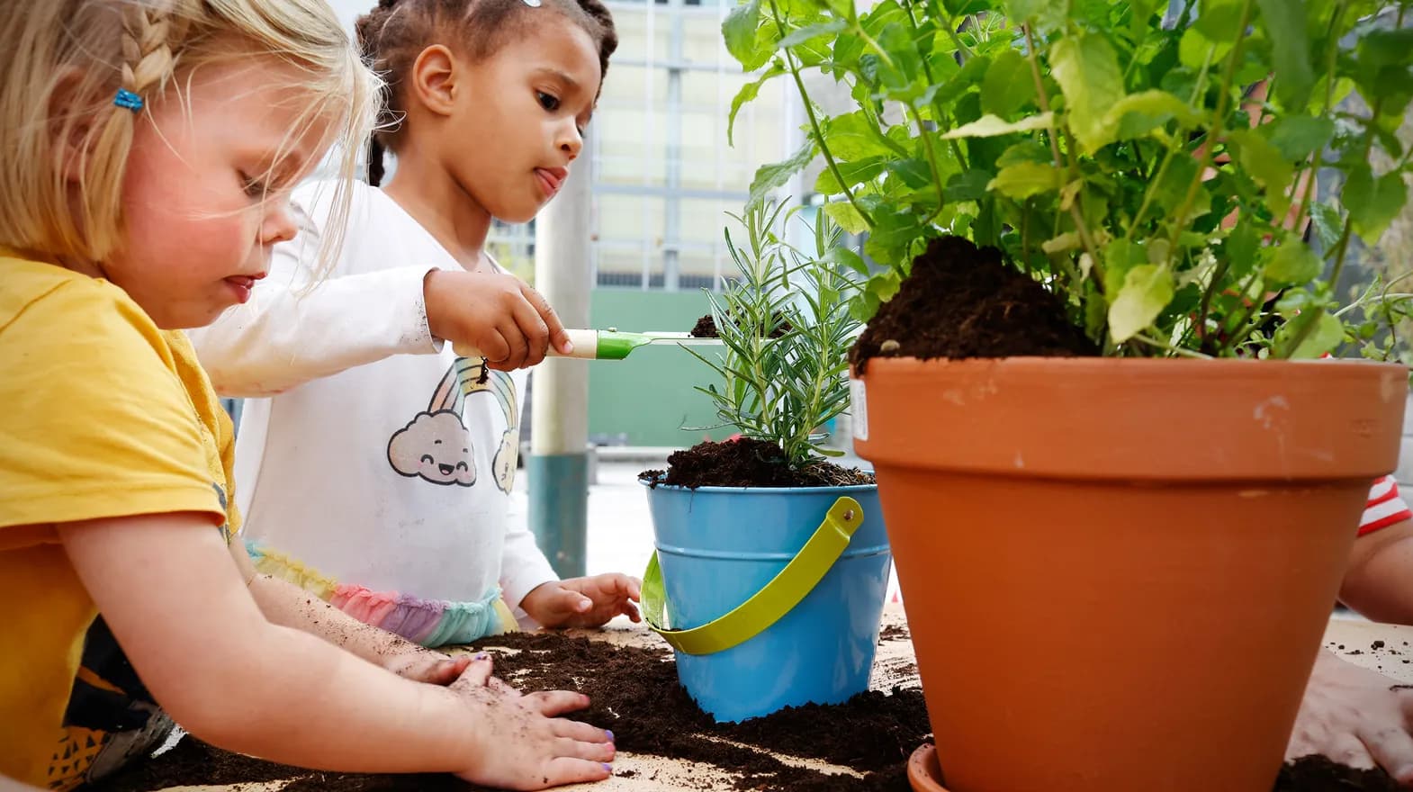 Kinderen van de peutergroep tuinieren in de moestuin bij kinderopvang Kind&co ludens