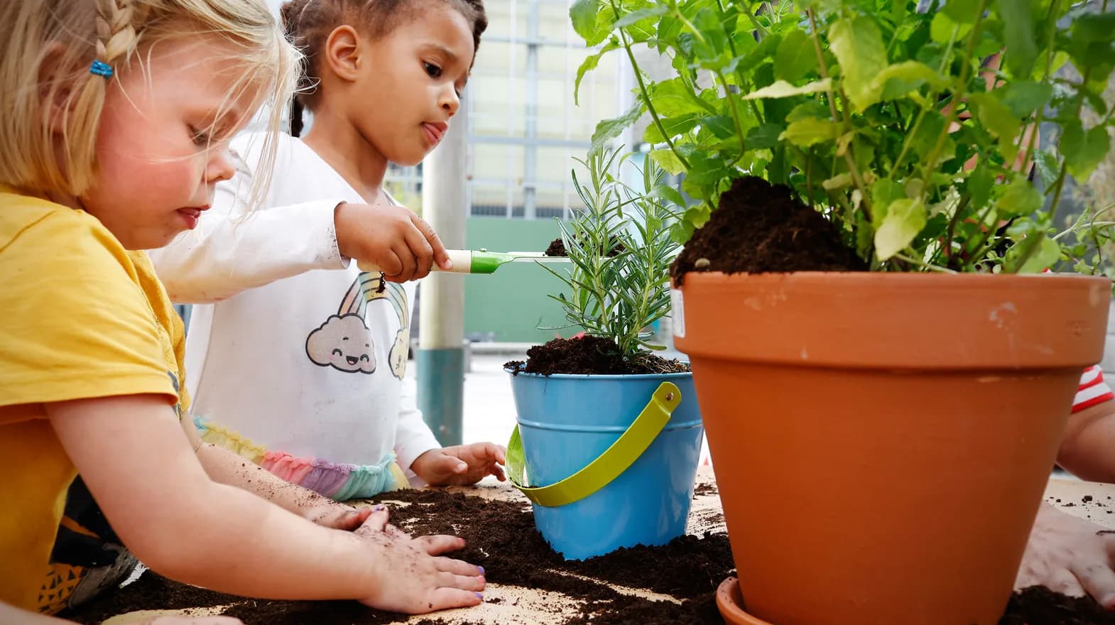 Kinderen van de peutergroep tuinieren in de moestuin bij kinderopvang Kind&co ludens