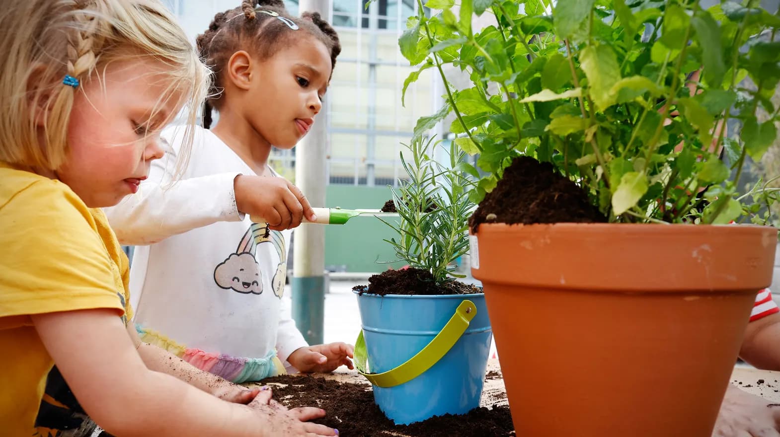 Kinderen van de peutergroep tuinieren in de moestuin bij kinderopvang Kind&co ludens