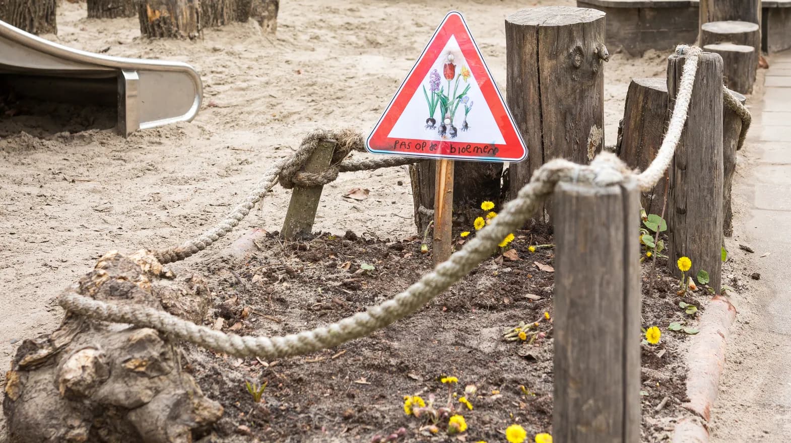 Een bloementuintje op het speelplein bij peuteropvang Winnie de Pooh, kinderopvang Kind&co ludens