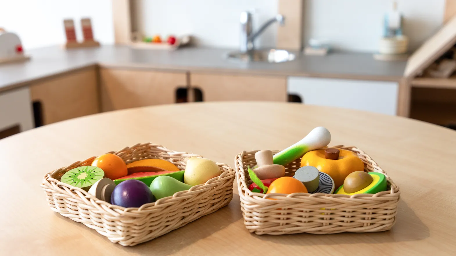 Mandjes met speelfruit op een tafel bij peuteropvang Leeuwesteyn, Kinderopvang Kind&co ludens