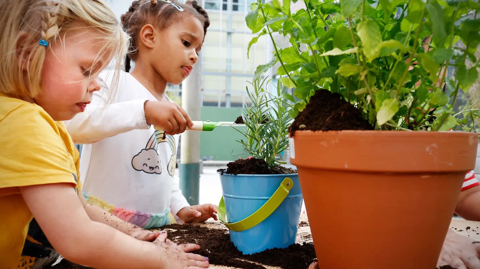 Kinderen van de peutergroep tuinieren in de moestuin bij kinderopvang Kind&co ludens