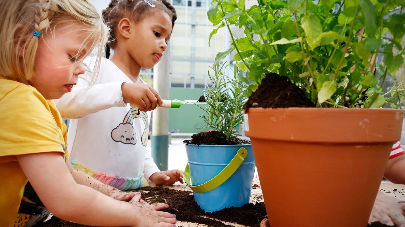 Kinderen van de peutergroep tuinieren in de moestuin bij kinderopvang Kind&co ludens
